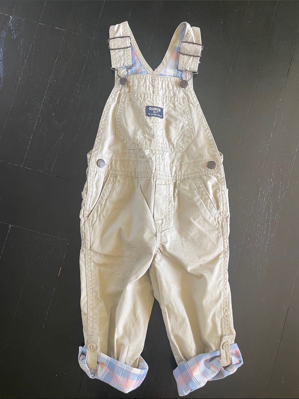 OshKosh B'gosh Khaki Overalls with Pastel Plaid Cuffs - NEVER WORN